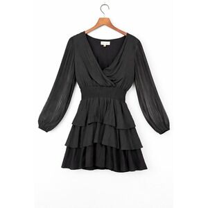 Peach Love Black Mini Dress M Sheer Sleeve Smocked Waist Goth Boho Tiered Ruffle